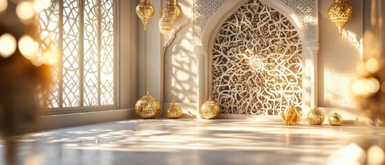 Sunlit Islamic interior with ornate details and golden ornaments.
