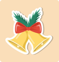 Two golden christmas bells ringing with red bow and pine branches