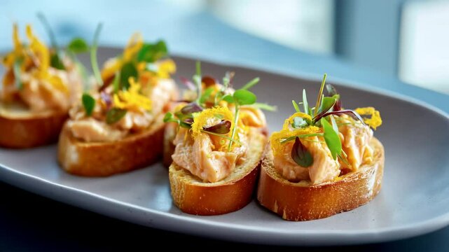 Camera rotating around a plate with salmon pat&eacute; crostini, aromatic herbs and orange zest