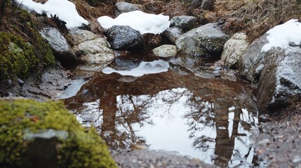 Fototapeta premium Frozen puddle reflecting winter trees