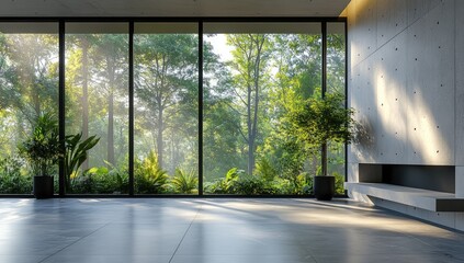 Modern interior design with a view of lush greenery.