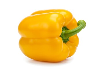 A single yellow bell pepper with a green stem isolated on a white background in a studio shot