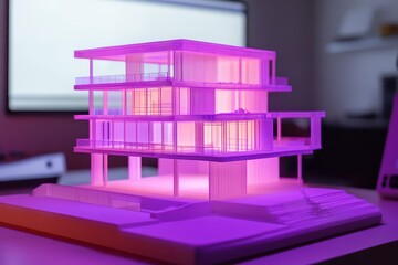 3D-printed architectural models in a virtual workspace, blending clay render with neon wireframes for a futuristic design experience.