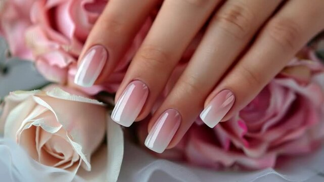 Close-up of woman's hand with French manicured nails against pink rose background exuding beauty and elegance.
