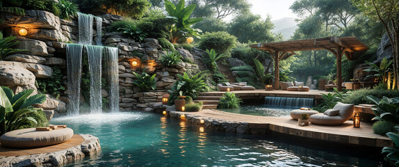Luxurious spa retreat with waterfalls relaxing pools and serene natural landscape