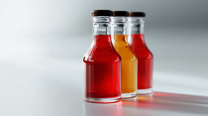 Three readable bottles of sauces on a bloodless background, designed for a food packaging mockup.