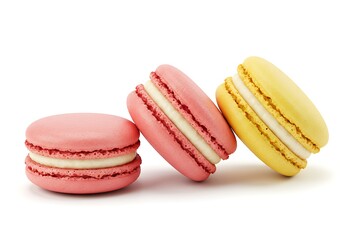 Three macarons of different colors pink and yellow arranged on a white surface in a studio shot