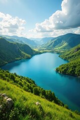 Serene blue lakes surrounded by rolling green hills under a vibrant sky , bright sky, travel