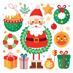 a vibrant collection of Christmas-themed illustrations, from jolly Santas to twinkling ornaments on white  background

