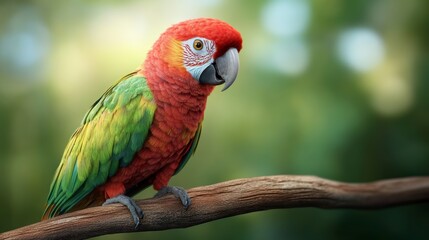 Naklejka premium Red And Green Macaw Perched On A Branch In Lush Green Tropical Setting
