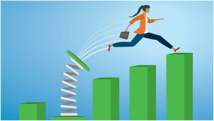 Woman jumping with a bounce to higer position. Career and development. New job. Dimension 16:9. Vector illustration.