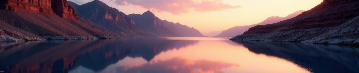 Fototapeta premium Serene lake mirroring stratified rock formations, sunrise hues , environment, landscape