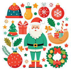 a vibrant collection of Christmas-themed illustrations, from jolly Santas to twinkling ornaments on white  background
