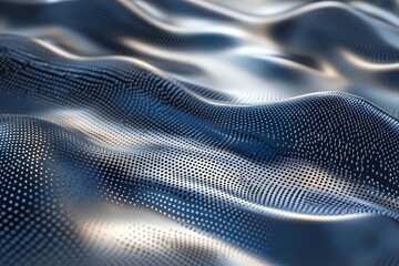 Abstract data flow visualization with liquid metal texture, featuring cobalt blue and silver for a futuristic tech aesthetic.