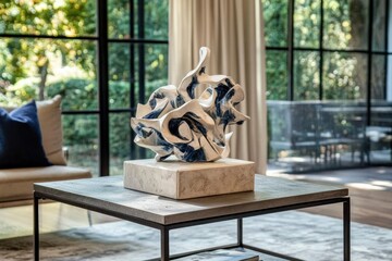 Modern coffee table featuring a decorative sculpture