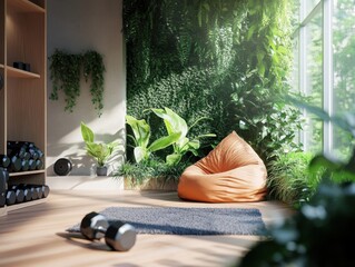 Cozy home gym corner with beanbag chair, small weights and calming greenery in background