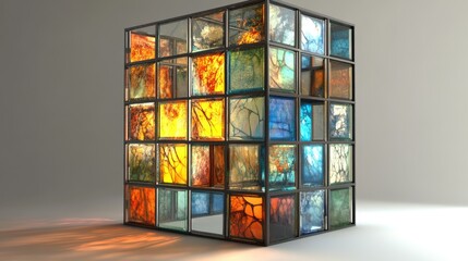 Colorful glass cube art installation.