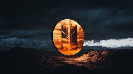 A massive golden clock suspended in a stormy sky, illuminated by dramatic light, symbolizing urgency and the end times.

