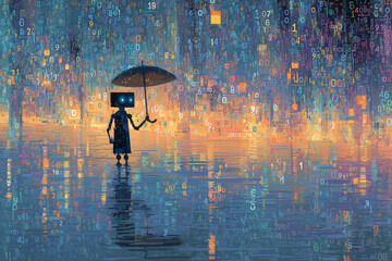 Obraz premium Robot holding umbrella in a digital rain of numbers, standing over reflective surface in glowing colors