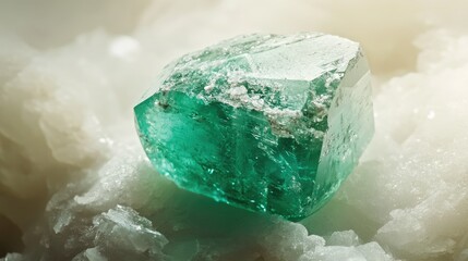 Shiny Green Crystal on Textured White Rock Surface in Soft Lighting