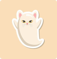 Cute white cat ghost floating with pumpkins in halloween night