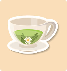 Green tea with herbs and flower relaxing on saucer