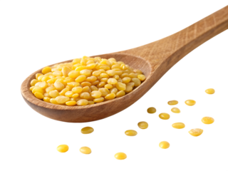 wooden spoon with golden gram mungbeans isolated on white background, PNG