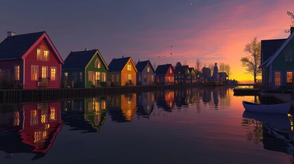 Colorful waterfront houses reflecting in tranquil water at sunset.