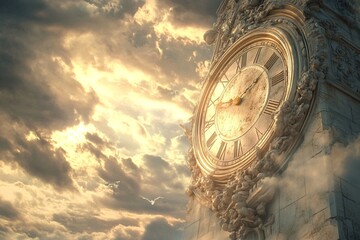 A massive golden clock suspended in a stormy sky, illuminated by dramatic light, symbolizing urgency and the end times.

