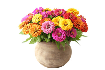 Fototapeta premium Vibrant Zinnia Flower Bouquet in Terracotta Pot on transparent background