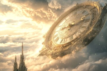 A massive golden clock suspended in a stormy sky, illuminated by dramatic light, symbolizing urgency and the end times.

