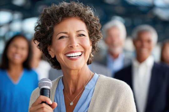 Confident mature woman giving a speech to an audience at a business conference with a microphone, smiling brightly and engaging with the attendees, close up shot