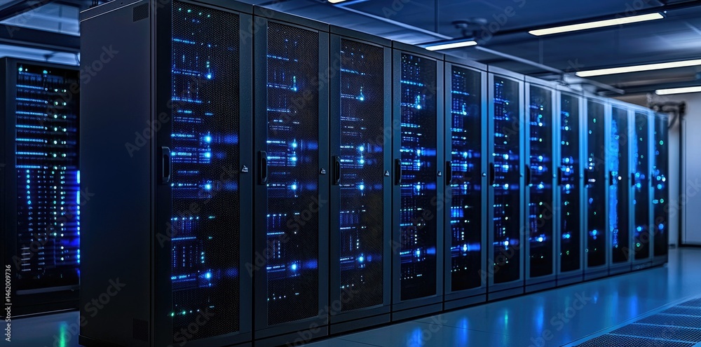 Poster Secure server racks in high tech environment with vibrant LED indicators, perfect for IT solutions, digital storage ads, and network infrastructure designs
