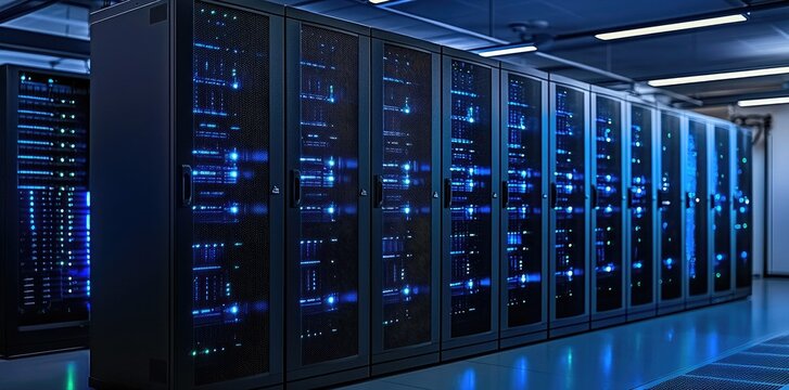 Secure server racks in high tech environment with vibrant LED indicators, perfect for IT solutions, digital storage ads, and network infrastructure designs