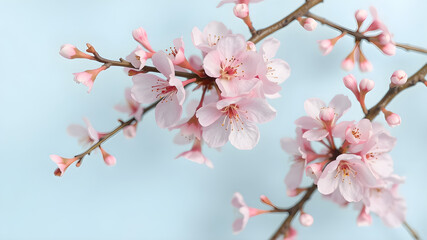 Obraz premium Delicate pink cherry blossom flowers on a soft blue background for spring decor