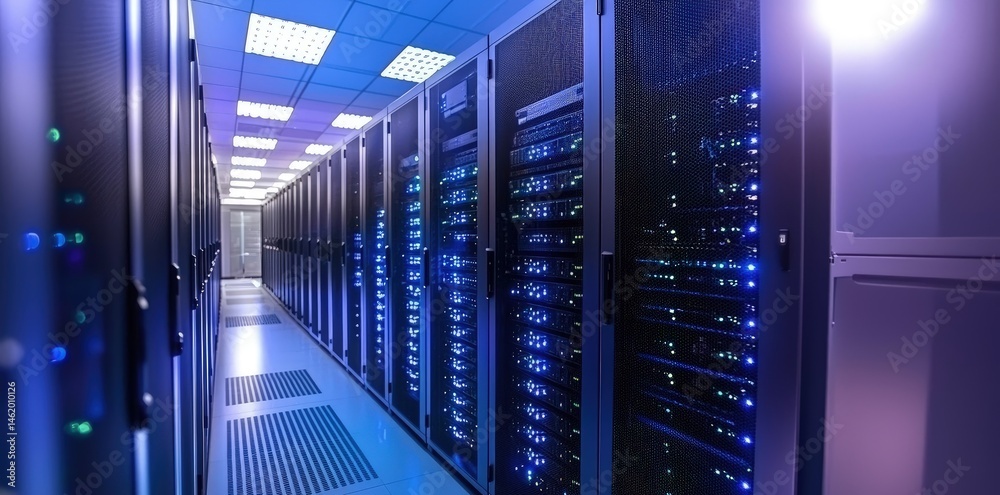 Poster technology server room aisle with led-lit racks and ventilated flooring, best for it infrastructure 