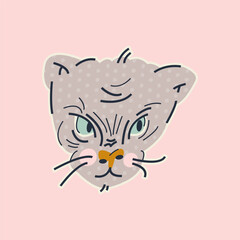 Stylish illustration with a muzzle of a cat. Vector print, design