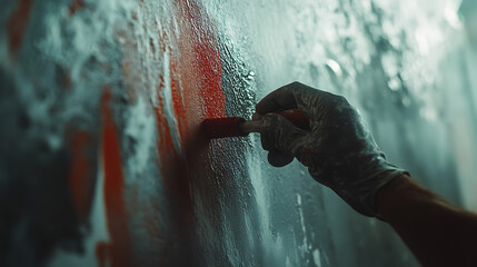 Hand in Glove Painting a Wall with Red and Blue Strokes