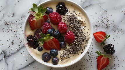 A bowl of yogurt topped with fresh berries and chia seeds on a marble surface from a top down view