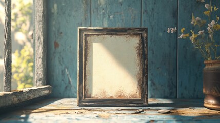 Rustic wooden frame with blank canvas on weathered windowsill.