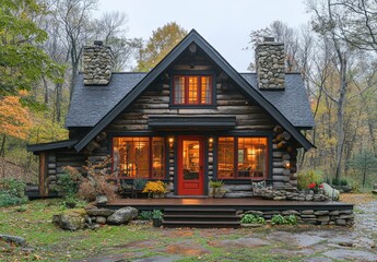 Fototapeta premium Rustic log cabin nestled amongst autumn foliage.