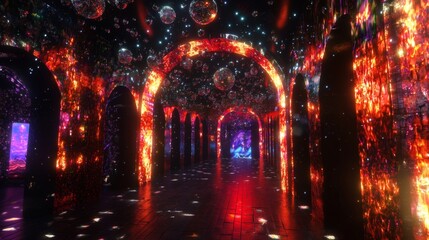 Obraz premium 37. Nightclub entrance with digital flames and disco balls orbiting above