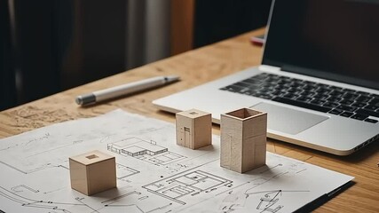 Architectural blueprints with wooden models