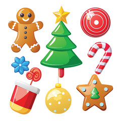 a collection of shiny, 3D-rendered Christmas icons, including a tree, gingerbread man, and candy cane on white  background