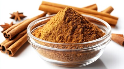 Ground cinnamon in bowl with cinnamon sticks and star anise spice