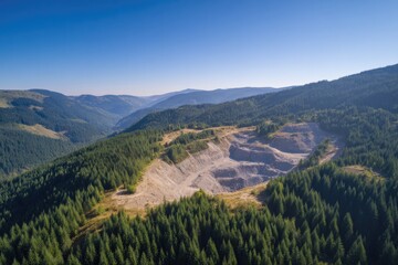 Naklejka premium aerial view of open-pit quarry surrounded by green forest under clear blue sky