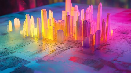 51. Holographic city model rising from blueprint with retro colors