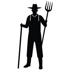 Silhouette of a Farmer with Pitchfork and Walking Stick