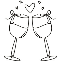 Wine glasses with bows and heart and stars celebration line art vector illustration. Two wine glasses toasting with bows and heart and stars celebration line art