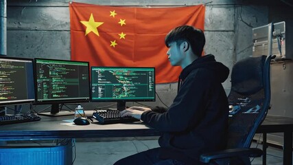 Chinese hacker with Chinese flag. - Powered by Adobe